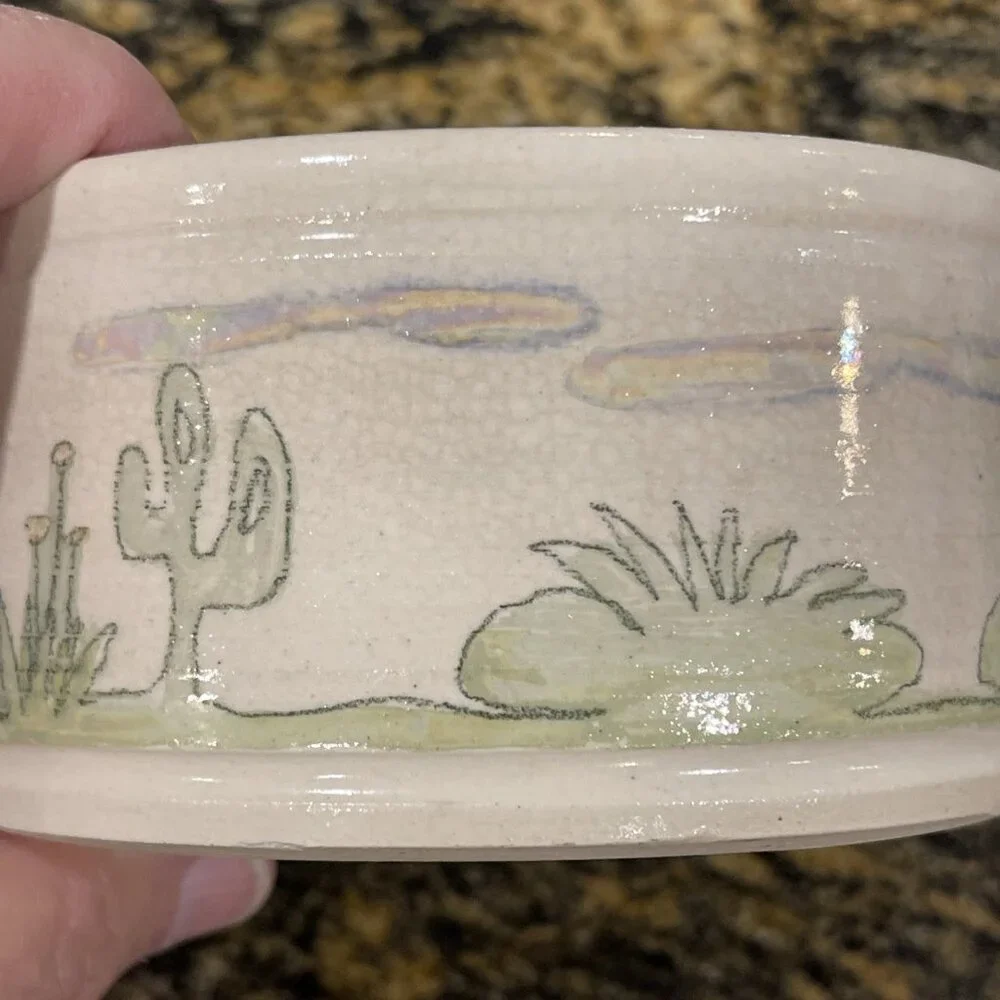 Vtg Handcrafted Lynn Gray Signed‎ Art Pottery Desert Cactus Bowl Rim Pinch Deco